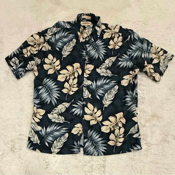 Campia Men's Hawaiian Shirt - Dark Teal with Beige & Gray Leaf Print Large - Picture 1 of 3